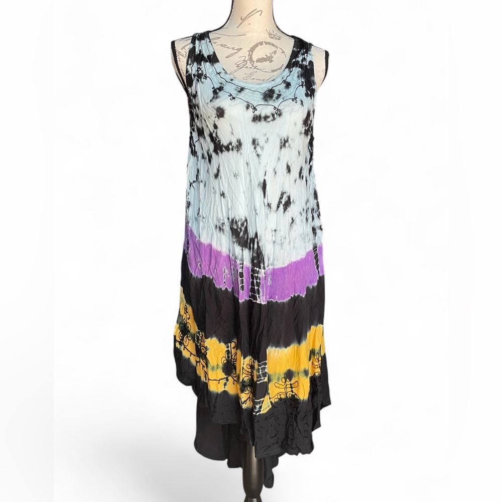 VTG Tie Dye MAMTA Embroidered Sleeveless Scoop Neck High Low Dress - One Size